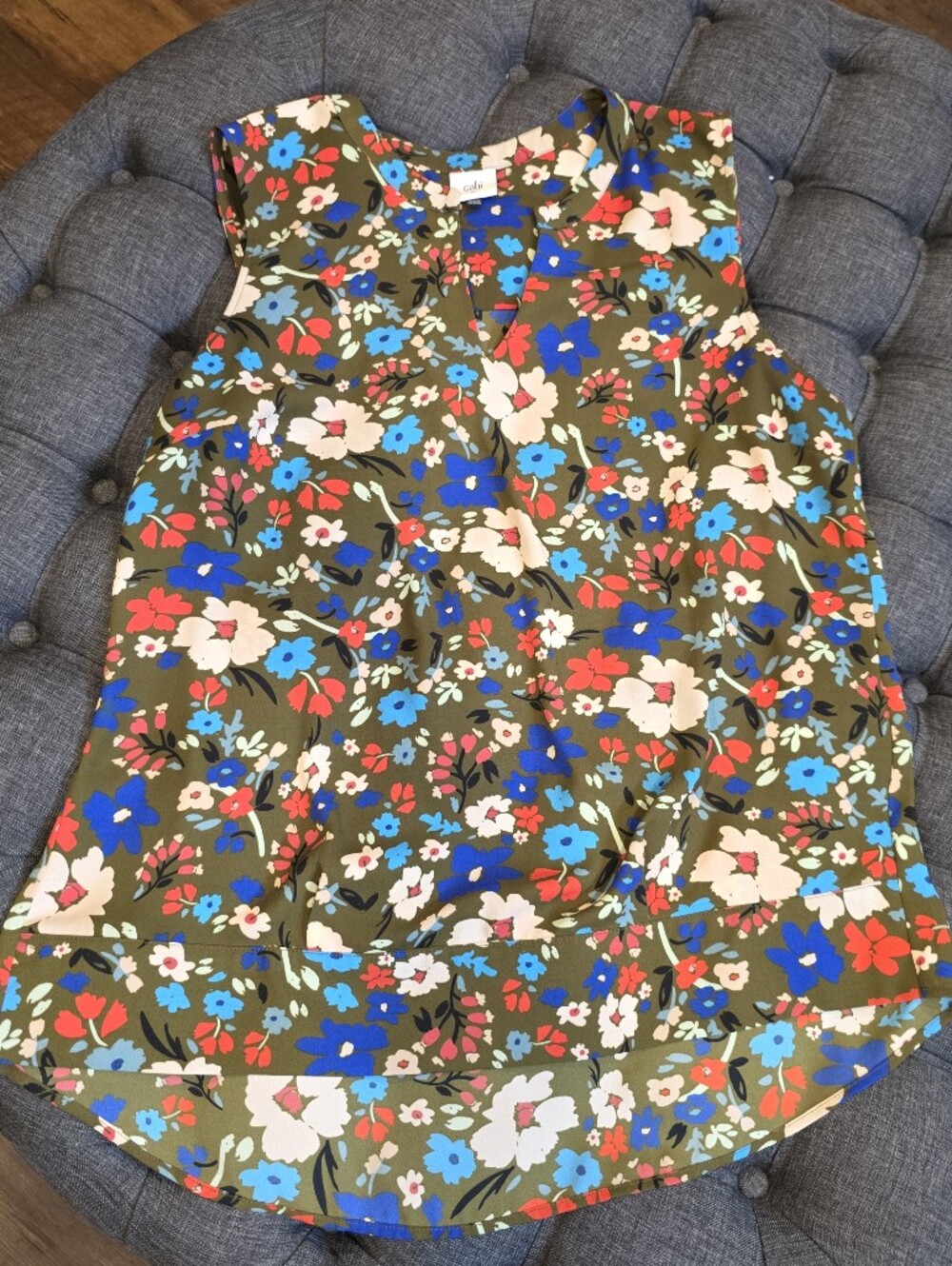 CAbi Olive Floral Shirt with Bold Blue and Red Blooms